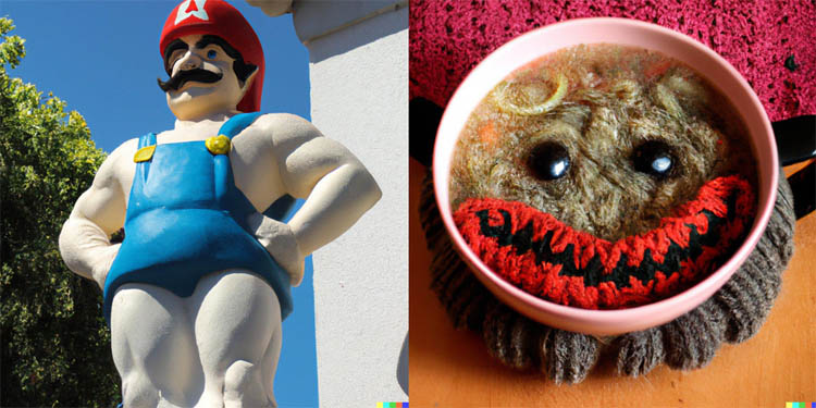 "Super Mario al estilo de una estatua de un dios griego, foto realista en Atenas" y "Un plato de sopa que parece un monstruo, tejido con lana".