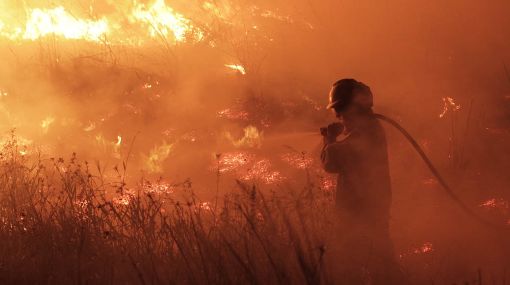 Un bombero voluntario de San Miguel intenta apagar el fuego que se inició en una forestación y luego pasó a un estero dentro de las tierras de la empresa Pino Guazú