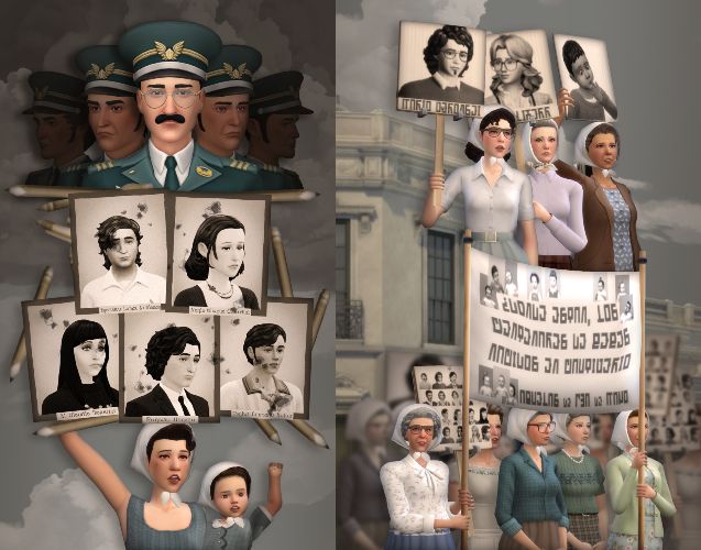 Sims de las Abuelas y Madres de Plaza de Mayo y de la Junta Militar de 1976. Créditos: Moon Simmers.