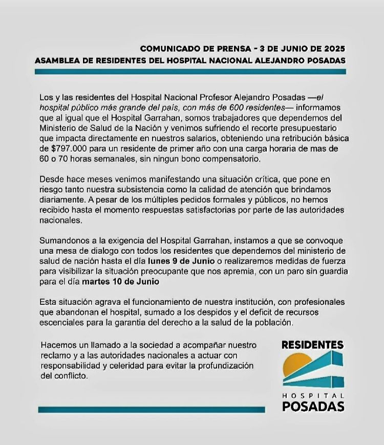 Comunicado de la Asamblea de Residentes del Hospital Nacional Alejandro Posadas.