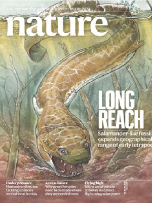 Tapa de la revista Nature del 18 de julio de 2024 donde se publicaron los resultados del fósil hallado en el sitio de Namibia (imagen: Nature)