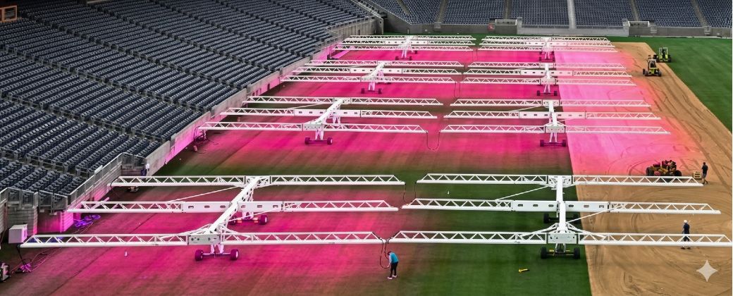 Luces de crecimiento, maquinaria y césped bajo control: la preparación de los estadios del Mundial 2026 combina agronomía, ingeniería y tecnología para sostener superficies de elite. Crédito: Thenationalnews.