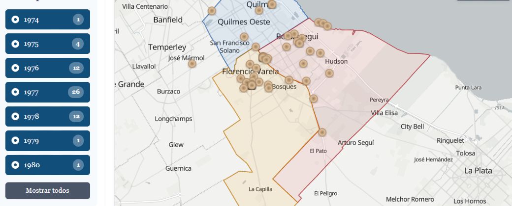 Captura de pantalla del "Mapa de la memoria. Lugares de secuestro y desaparición durante la última dictadura militar (1976-1983). Florencio Varela, Berazategui y Quilmes". Créditos: UNAJ.